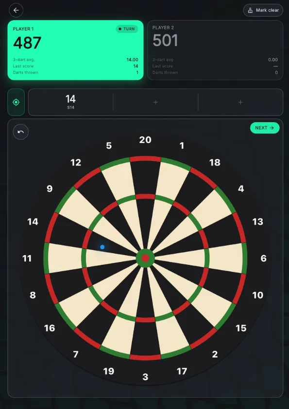 Datsu gameplay screen showing player scores and a detected dart on the board