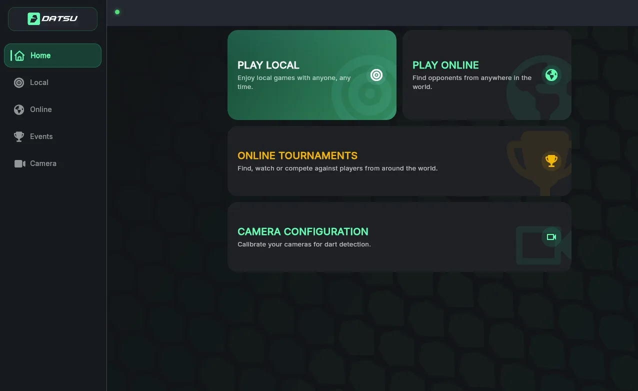 Datsu main menu with local play, online play, tournaments, and camera configuration